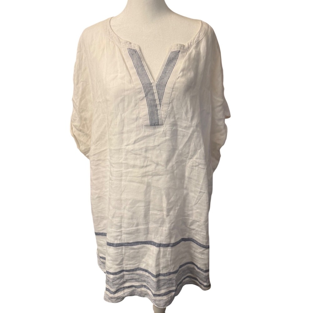 Talbots Plus Womens 2X Linen Tunic Top White Blue Striped Split Neck Relaxed Fit